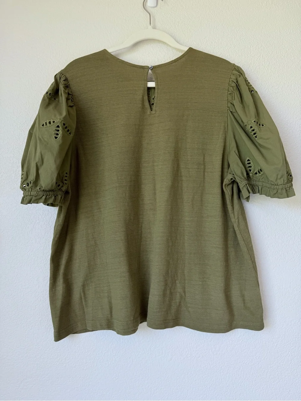 LOFT Olive Green Eyelet Puff Sleeve Cotton Blouse XL Cottagecore
